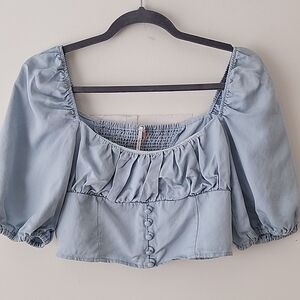 Free People Eloise Light Blue Crop Balloon Puff Sleeves Blouse XS (15)